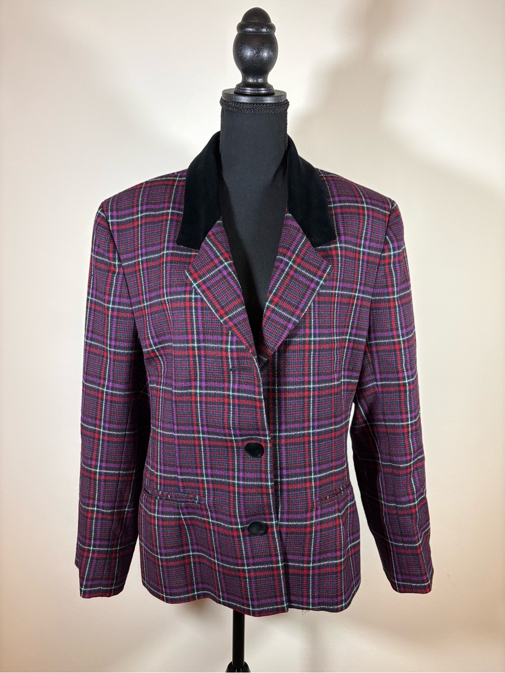 Vtg Talbots Wool Blazer Purple Red Tartan  Equestrian Velvet Collar Preppy 16